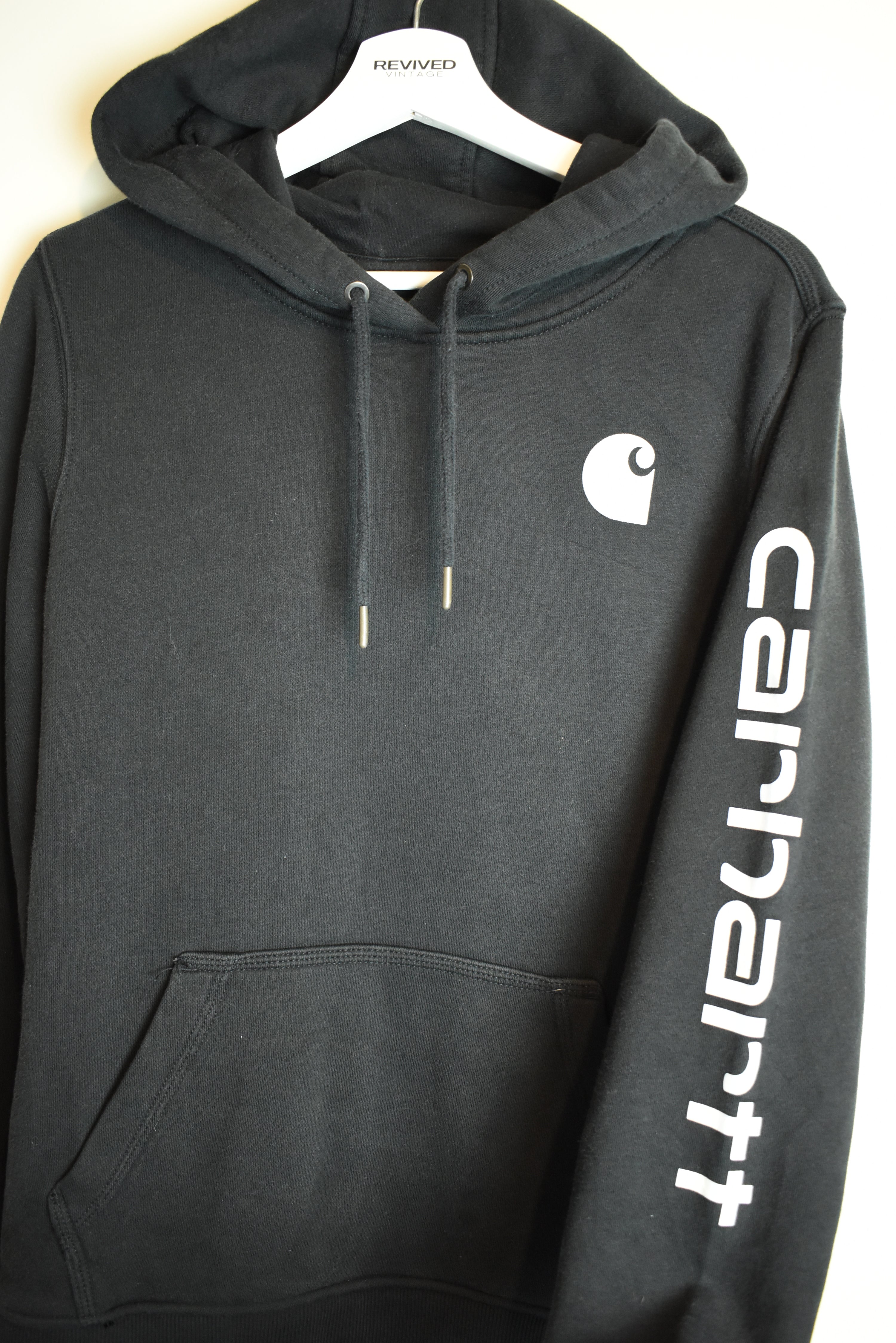 Vintage Carhartt Print Black Hoodie Relaxed Fit Medium