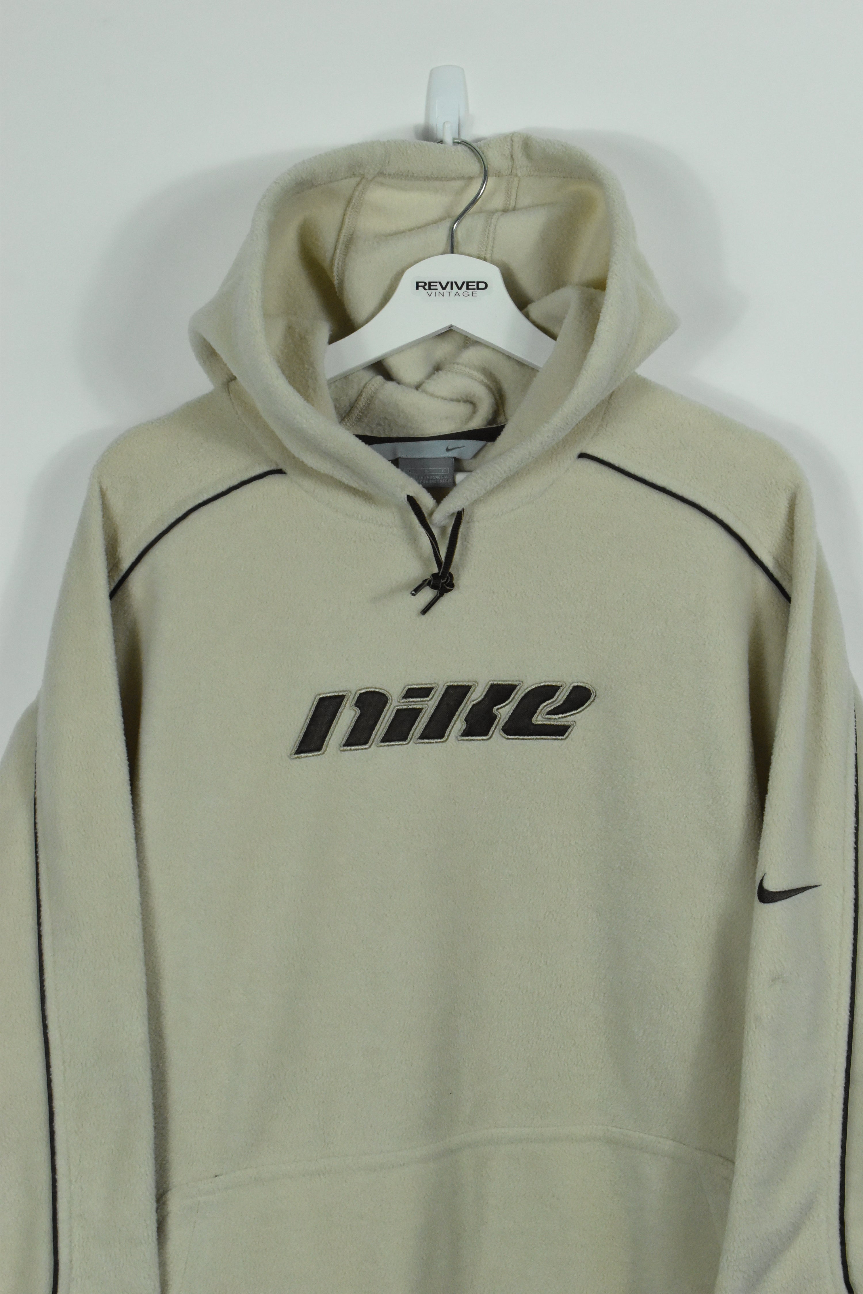 Vintage RARE Nike Cream Brown Embroidery Fleece Hoodie XLARGE